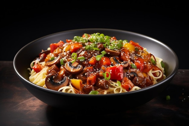 Een bord pasta met vlees en tomaten AI