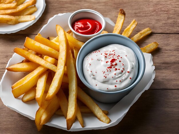 Een bord patat met een bakje ketchup en een bakje ketchup.