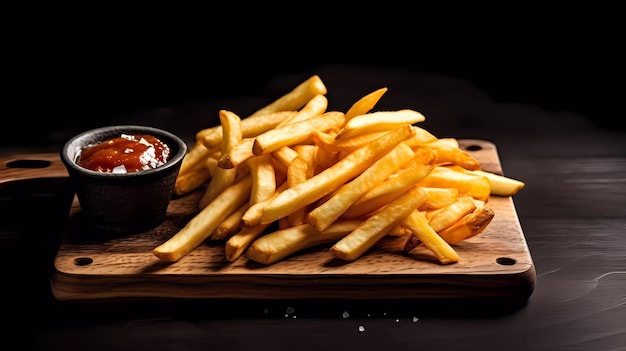 Een bord patat met een salade op de achtergrond