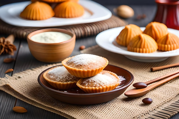 Een bord pistachenoten staat op een tafel met andere desserts.