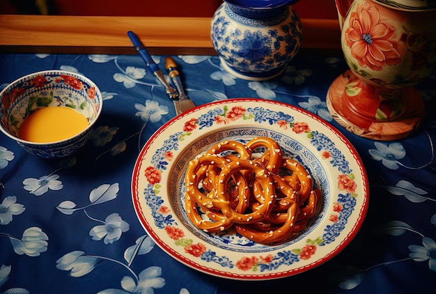 een bord pretzels en mosterd