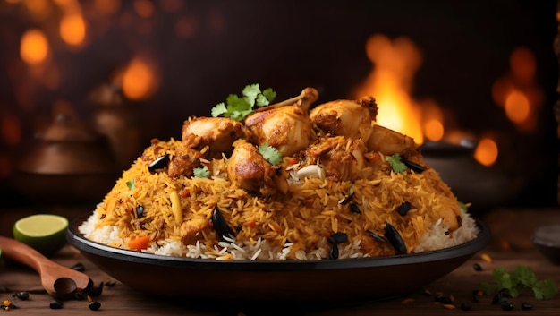 Foto een bord rijst met arabische kip biriyani food ai gegenereerd