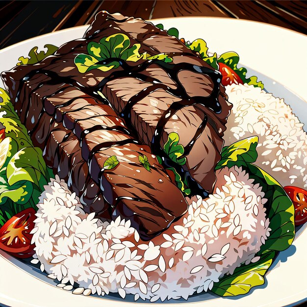 Een bord rijst met een stukje vlees erop