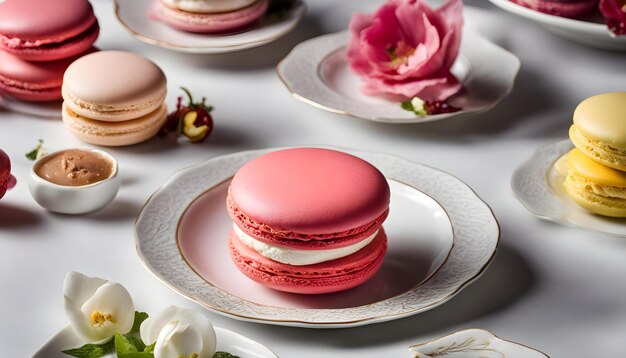 een bord roze en witte koekjes met roze en blanke rozen