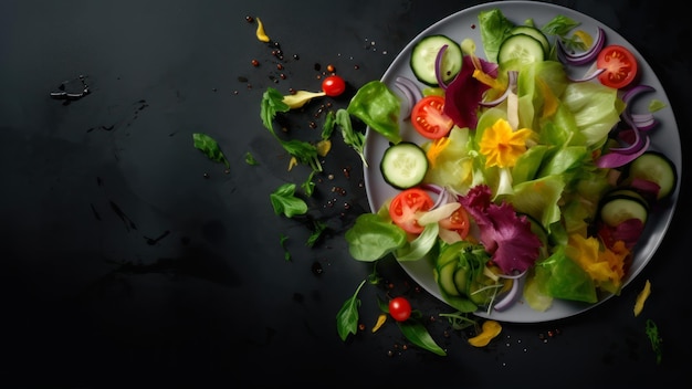 Een bord salade met groenten op een zwarte achtergrond