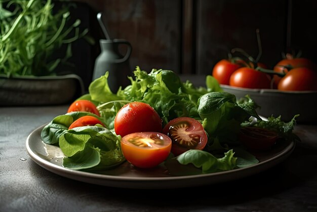 Een bord salade met tomaten en sla