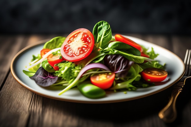 Een bord salade met tomaten, sla en tomaat