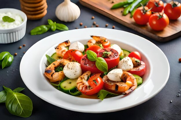 Een bord salades met tomaten en fetakaas