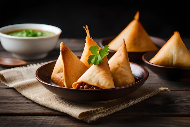 Een bord samosa's met een kom groene chutney