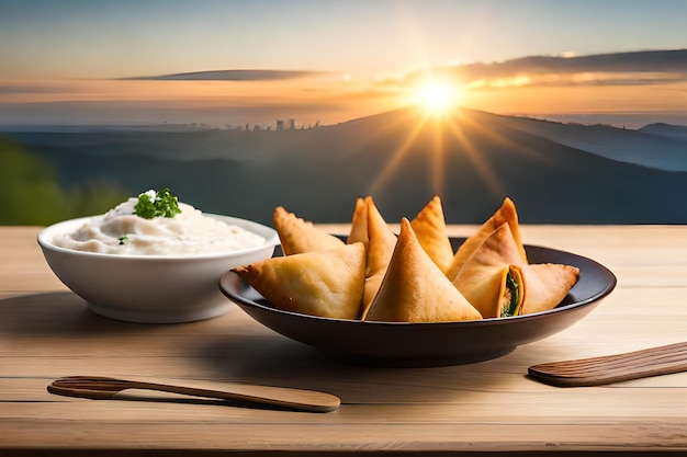 Een bord samosa's met een kom yoghurt en een kom yoghurt.