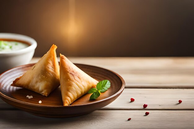 Een bord samosa's met een kopje thee op tafel