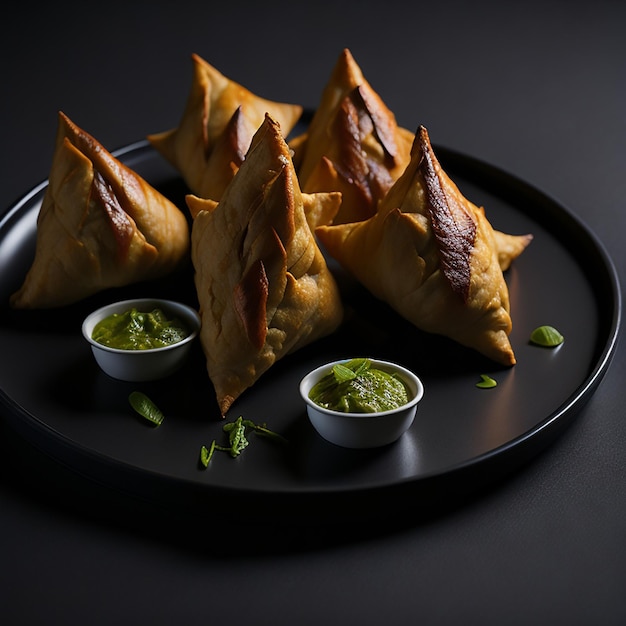 Een bord samosa's met groene sauzen erop