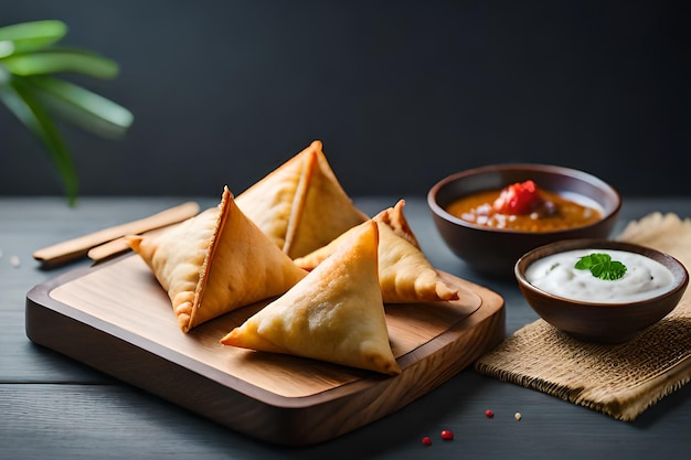 Een bord samosa's met sauzen erop