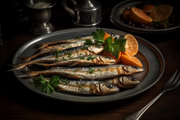 Een bord sardines met een schijfje sinaasappel erop