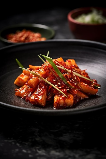 Foto een bord smakelijke koreaanse kimchi met een groene garnering erop