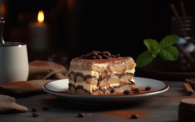 Een bord smakelijke Tiramisu op een café achtergrond professionele reclame voedsel foto ai gegenereerd