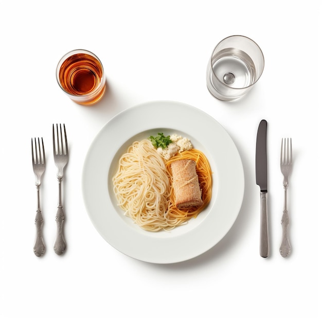 een bord spaghetti en een kom noedels met een vork en twee glazen water.