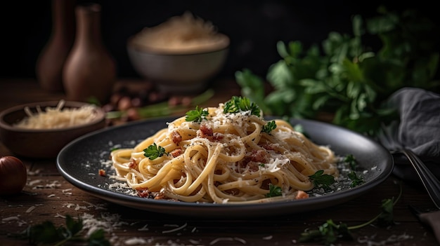 Een bord spaghetti met bacon erop