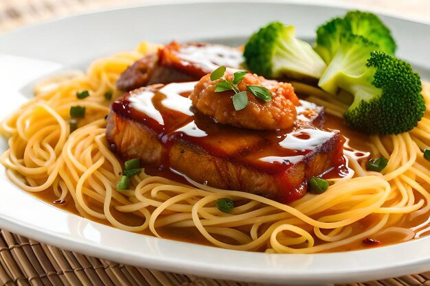 een bord spaghetti met broccoli en vlees met kaas en broccoli.