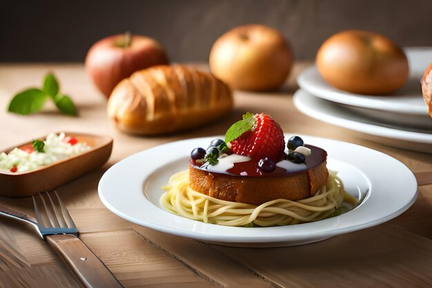 Een bord spaghetti met daarop een aardbei