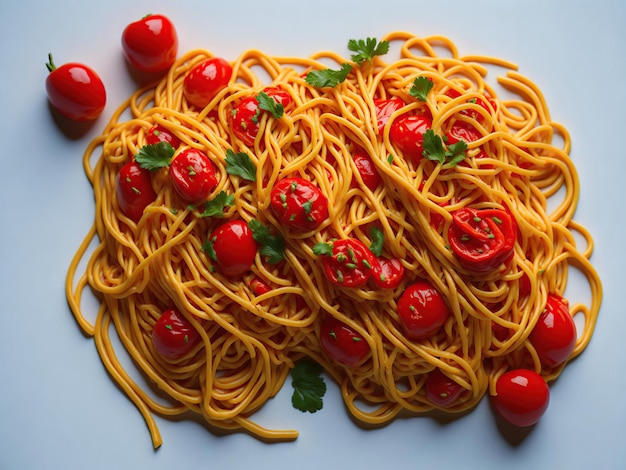 Een bord spaghetti met daarop tomaten en peterselie.