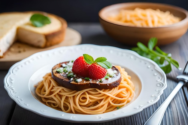 een bord spaghetti met een aardbei en een aardbei erop