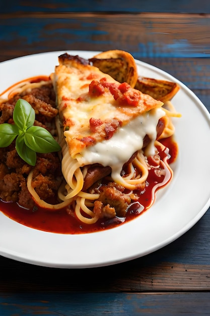 Een bord spaghetti met een plakje lasagne en een stukje brood.