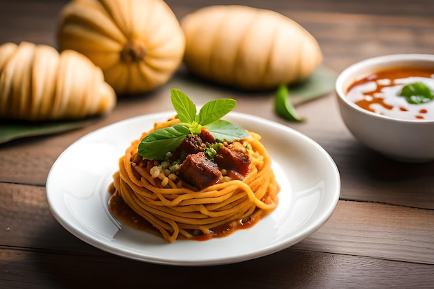 Een bord spaghetti met een sausje en een bakje saus