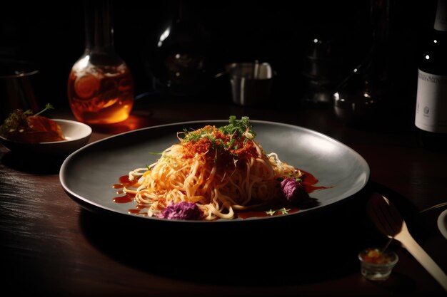 Een bord spaghetti met een sausje erop en een glas vloeistof op de achtergrond.