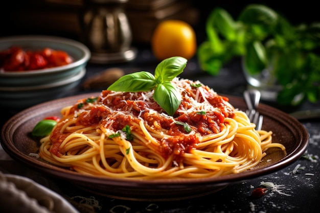 Een bord spaghetti met een sausje erop