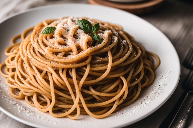 Een bord spaghetti met een snufje basilicum erop.