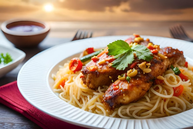 Een bord spaghetti met kip en groenten erop