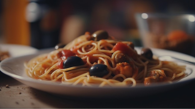 Een bord spaghetti met olijven en olijven erop