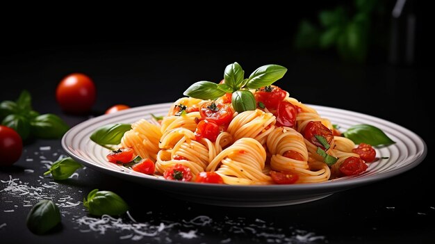 Foto een bord spaghetti met spek en tomaten