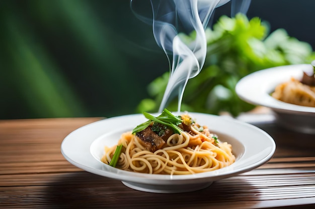 Een bord spaghetti met stoom die van bovenaf opstijgt.