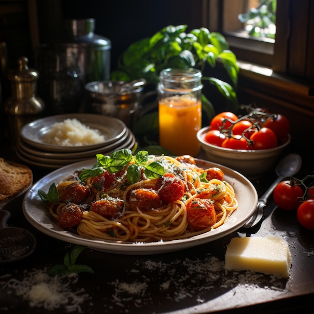 Een bord spaghetti met tomaten en rijst op een tafel.