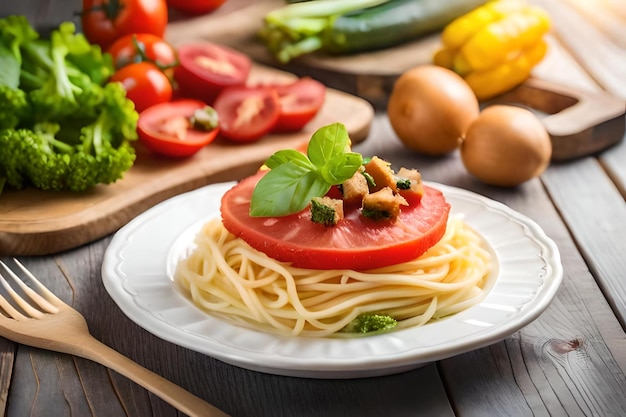Een bord spaghetti met tomaten en uien op een houten tafel.