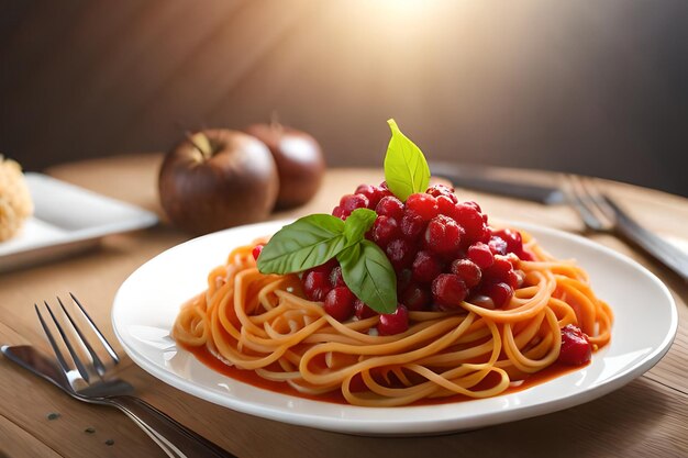 Een bord spaghetti met veenbessen erop