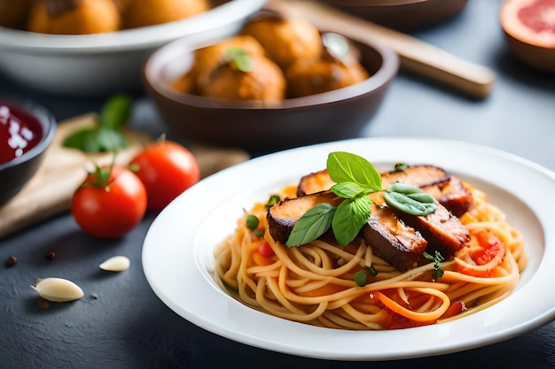 een bord spaghetti met vlees en groenten op een tafel