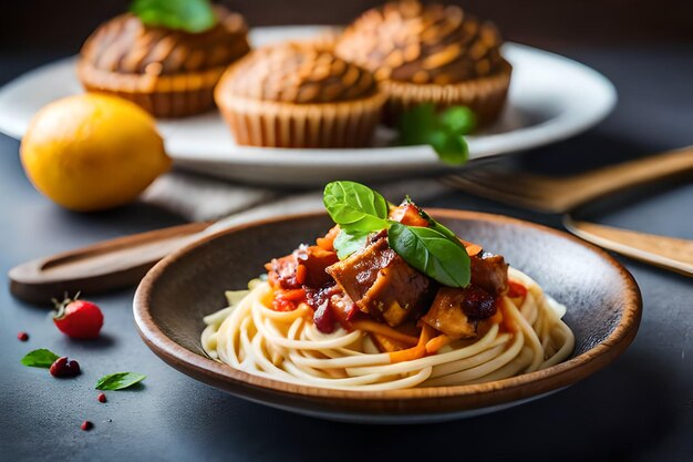 Een bord spaghetti met vlees en kaas erop