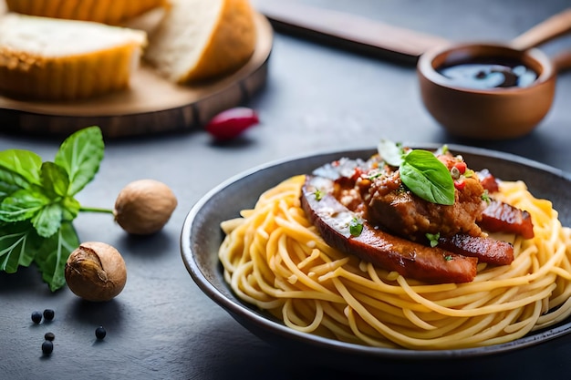 Een bord spaghetti met vlees, kaas en saus.