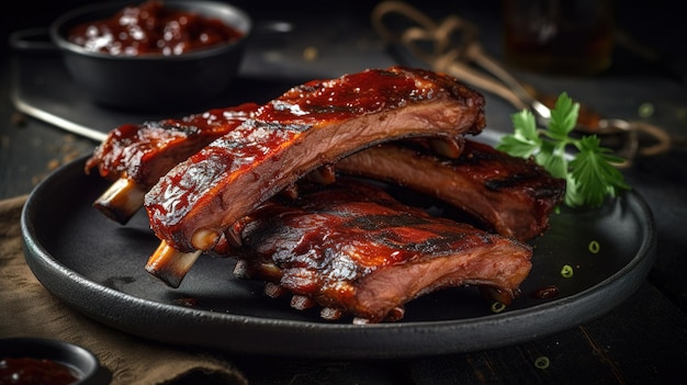 Een bord spareribs met bbq saus erop