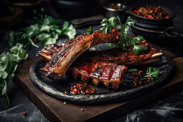 Een bord spareribs met rode chilisaus erop