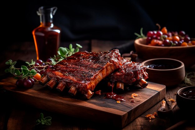 Een bord spareribs met saus erop