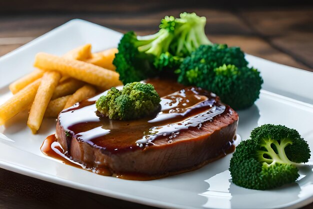 Een bord steak, broccoli en friet met saus erop.