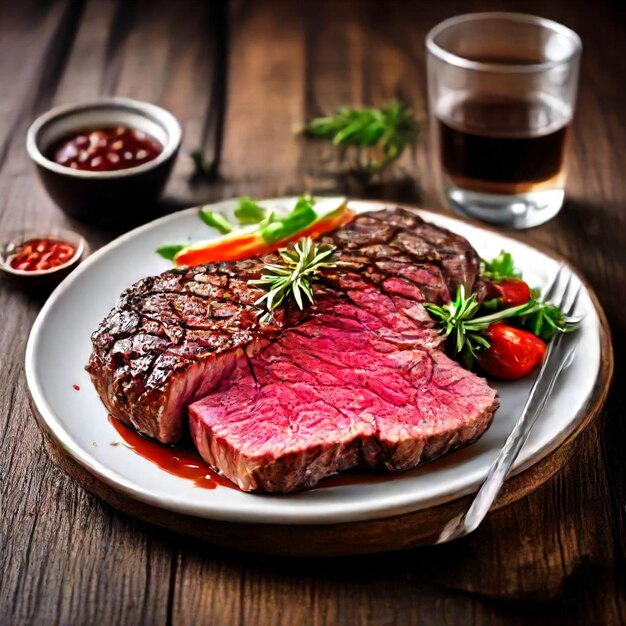 Foto een bord steak en een glas water.