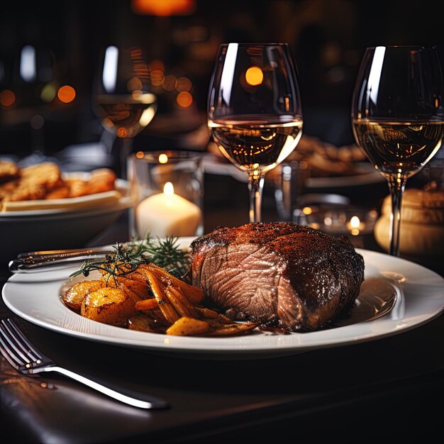 een bord steak en wijnglazen met een kaars op de achtergrond