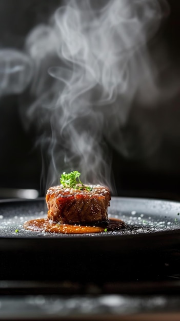 een bord steak met een stoomrijke saus erop