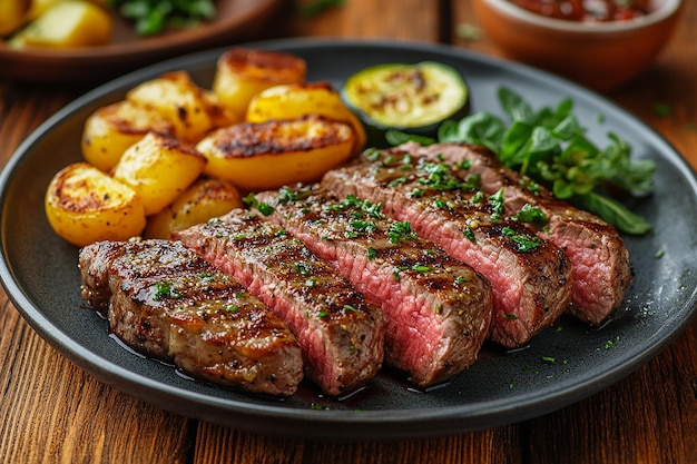een bord steaks en aardappelen met een kant aardappelen en een kant aardappel