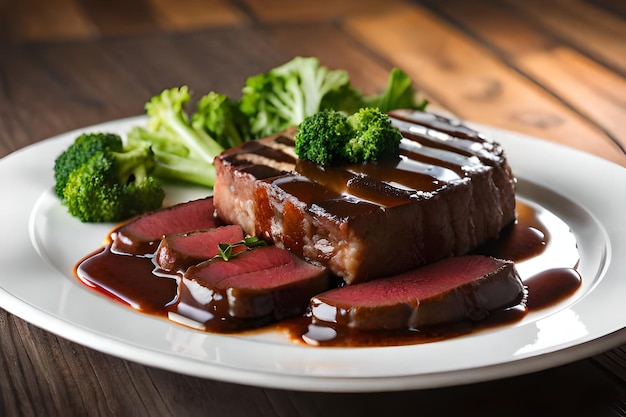 een bord steaks met broccoli en een stukje vlees erop.